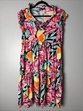 crown & ivy Tropical Floral Smocked Ruffle Neck Midi Dress Pink Black Orange XS